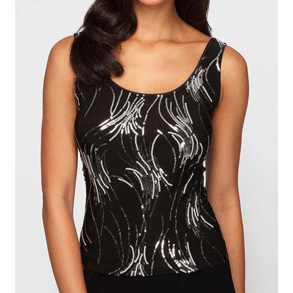 Alex Evenings Cocktail Sequined Sleeveless Top Small Black Silver Glam Hollywood
